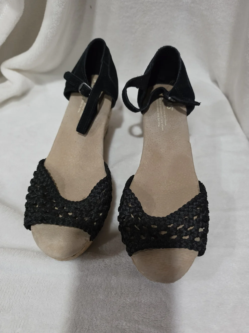 TOMS Women's Black Woven Cork Wedge Sandals Ankle Strap Size 8 Comfort Shoes